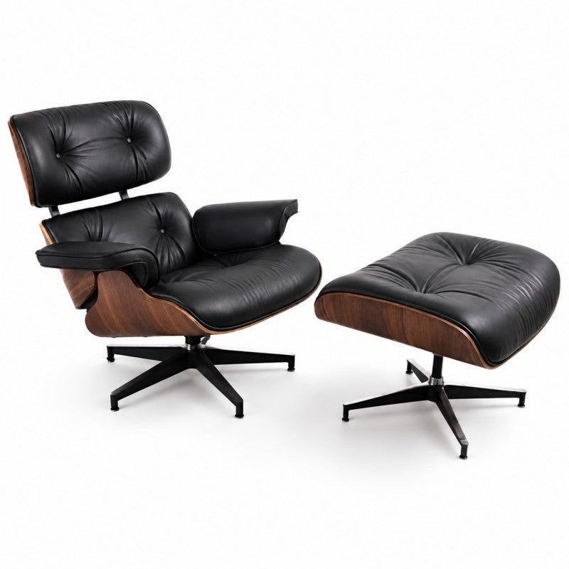 Black Lounge Chair with Ottoman – Walnut Shell