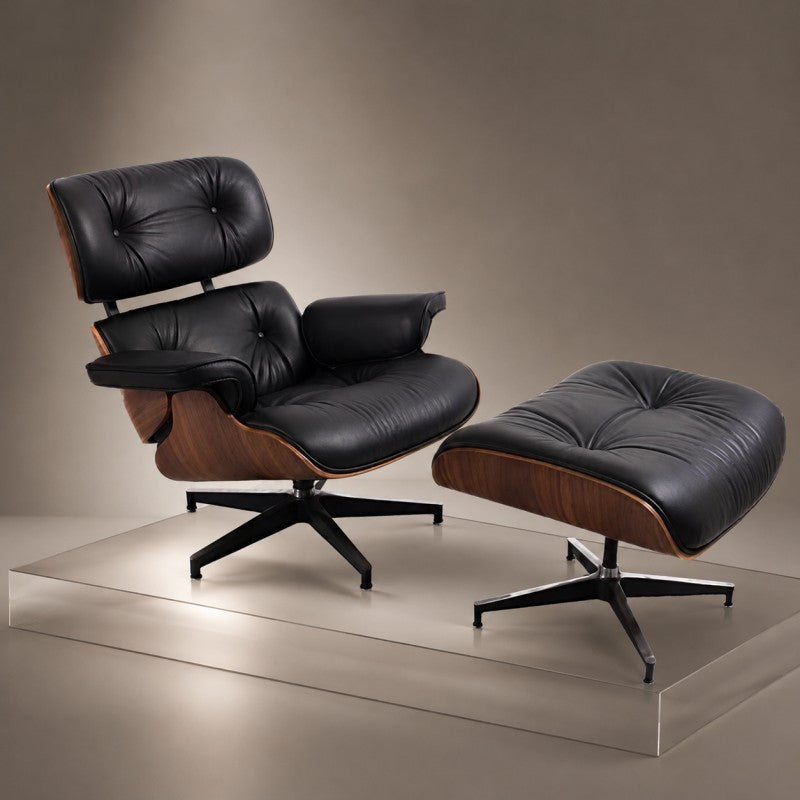 Black Lounge Chair with Ottoman – Walnut Shell