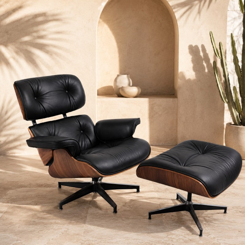 Black Lounge Chair with Ottoman – Walnut Shell