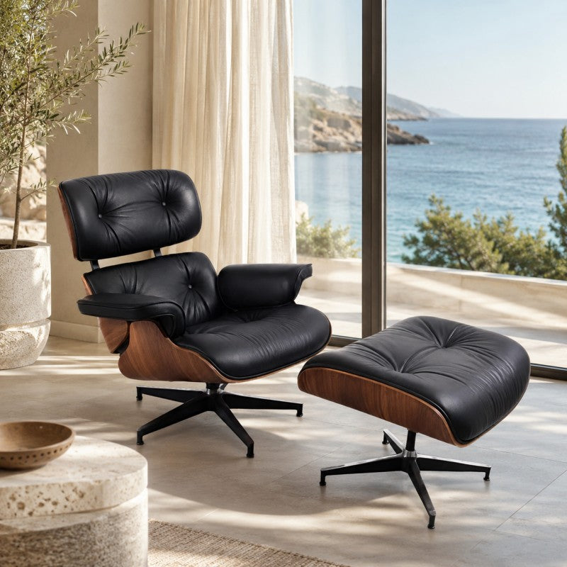Black Lounge Chair with Ottoman – Walnut Shell