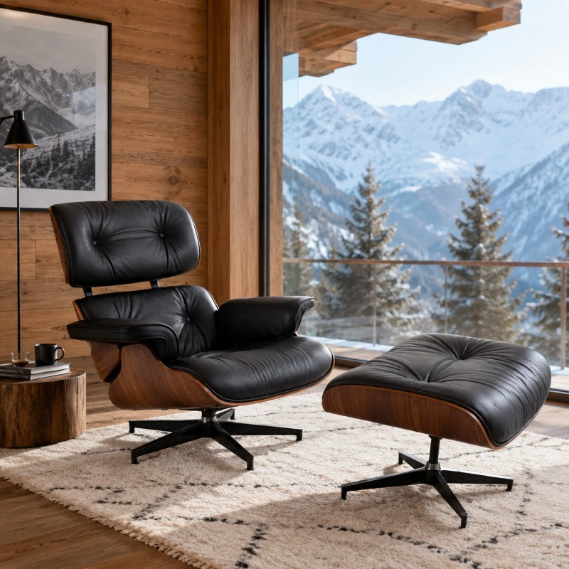 Black Lounge Chair with Ottoman – Walnut Shell