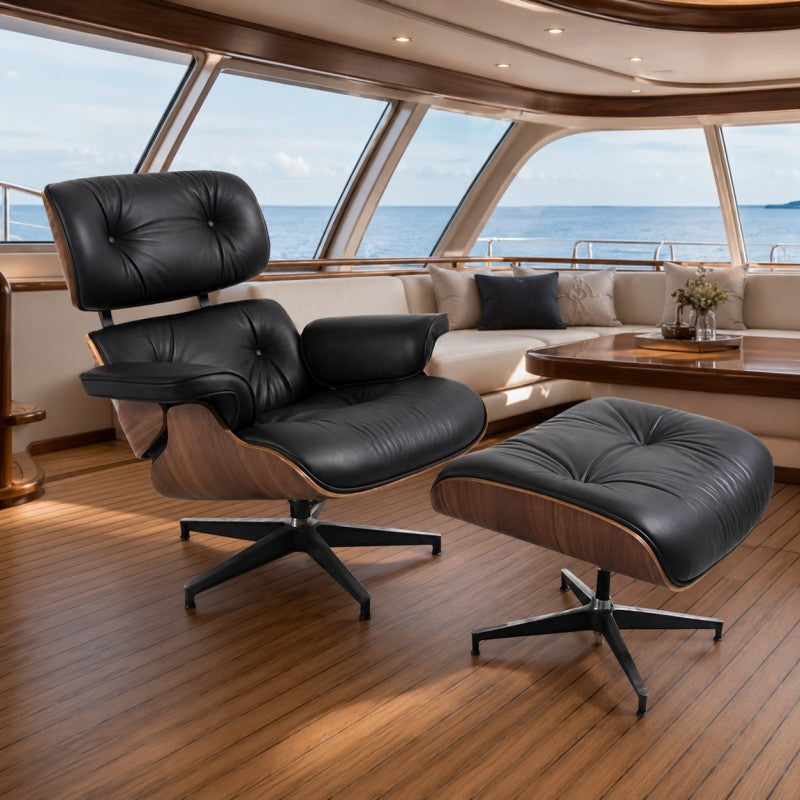 Black Lounge Chair with Ottoman – Walnut Shell