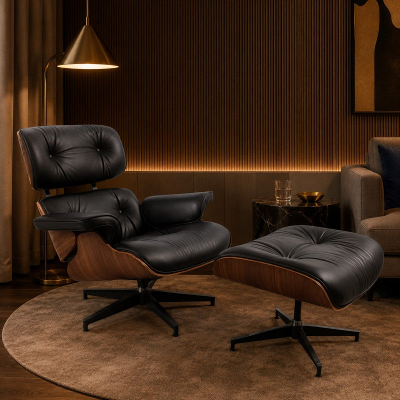 Black Lounge Chair with Ottoman – Walnut Shell