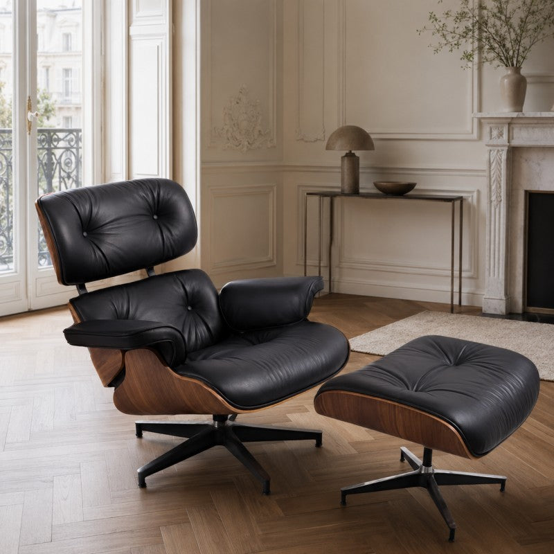 Black Lounge Chair with Ottoman – Walnut Shell