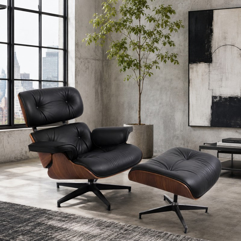 Black Lounge Chair with Ottoman – Walnut Shell