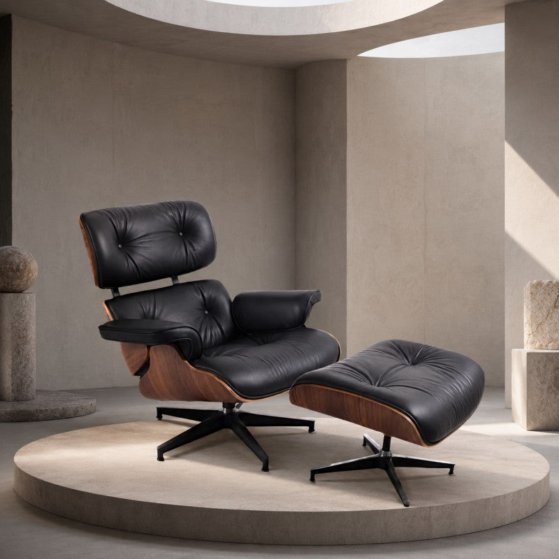 Black Lounge Chair with Ottoman – Walnut Shell