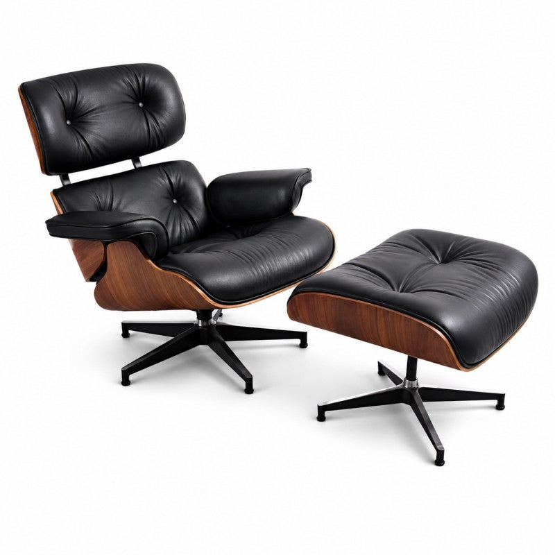 Black Lounge Chair with Ottoman – Walnut Shell