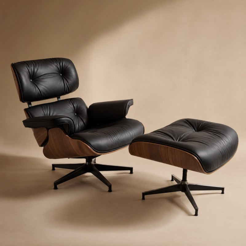 Black Lounge Chair with Ottoman – Walnut Shell