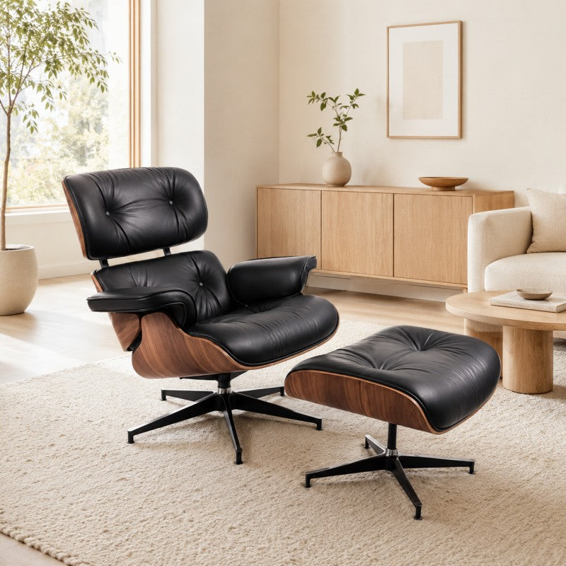 Black Lounge Chair with Ottoman – Walnut Shell