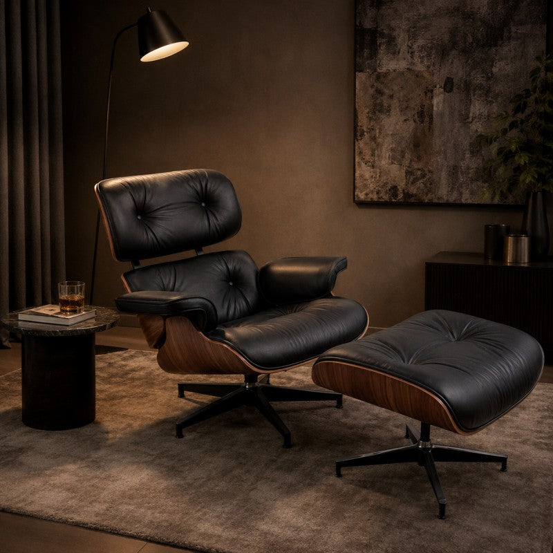 Black Lounge Chair with Ottoman – Walnut Shell