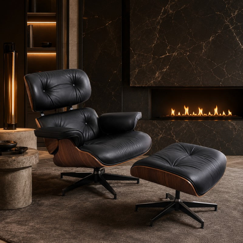 Black Lounge Chair with Ottoman – Walnut Shell