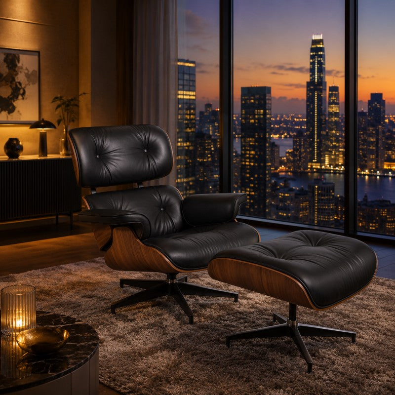 Black Lounge Chair with Ottoman – Walnut Shell