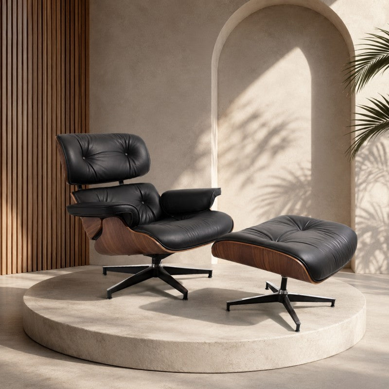 Black Lounge Chair with Ottoman – Walnut Shell