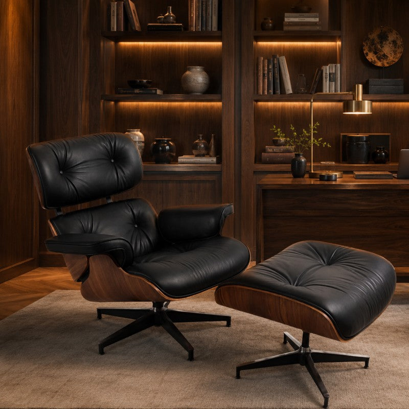 Black Lounge Chair with Ottoman – Walnut Shell