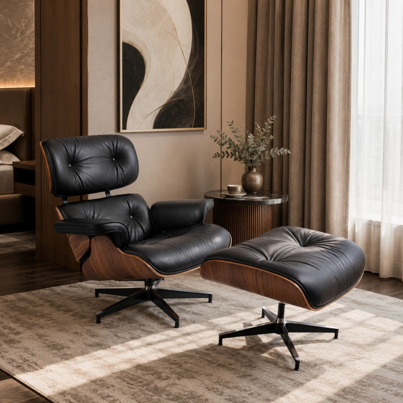 Black Lounge Chair with Ottoman – Walnut Shell