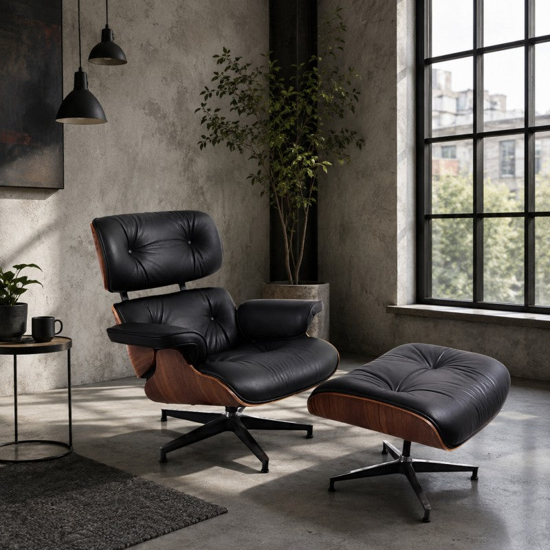 Black Lounge Chair with Ottoman – Walnut Shell