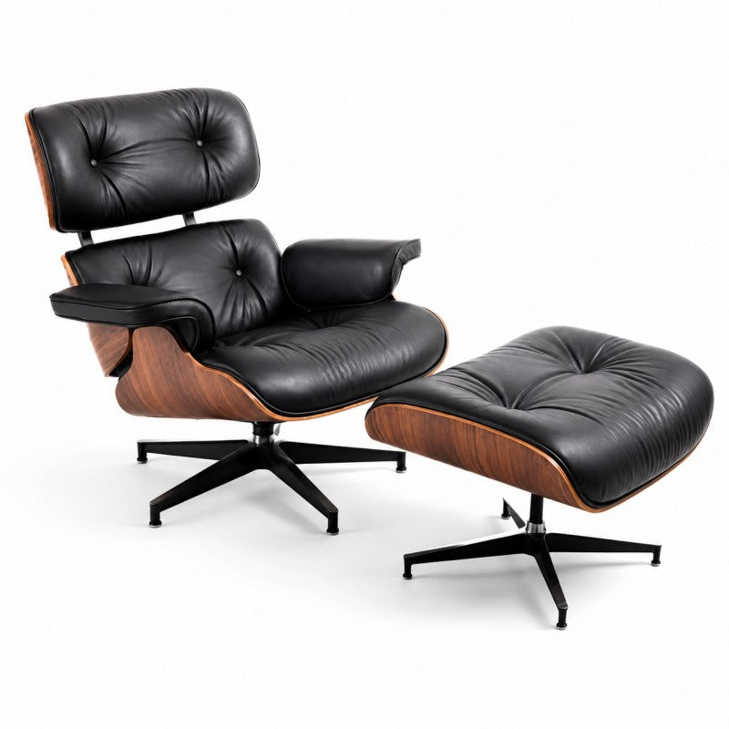 Black Lounge Chair with Ottoman – Walnut Shell