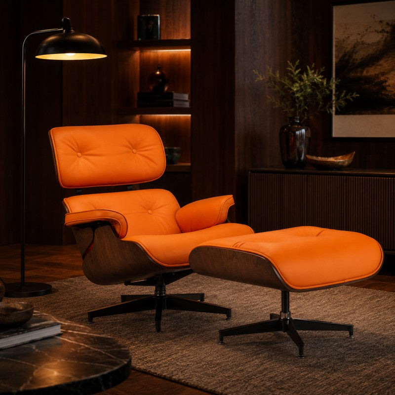 Orange Lounge Chair with Ottoman – Walnut Shell