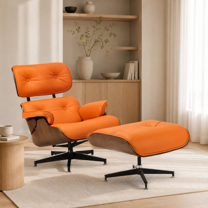 Orange Lounge Chair with Ottoman – Walnut Shell