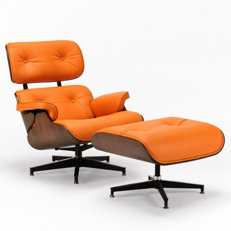 Orange Lounge Chair with Ottoman – Walnut Shell