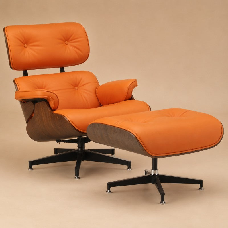 Orange Lounge Chair with Ottoman – Walnut Shell