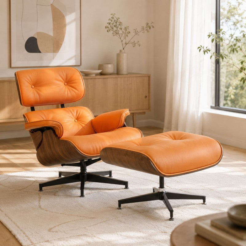 Orange Lounge Chair with Ottoman – Walnut Shell