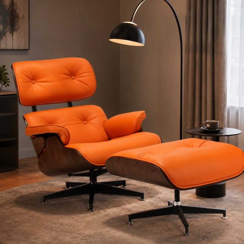Orange Lounge Chair with Ottoman – Walnut Shell