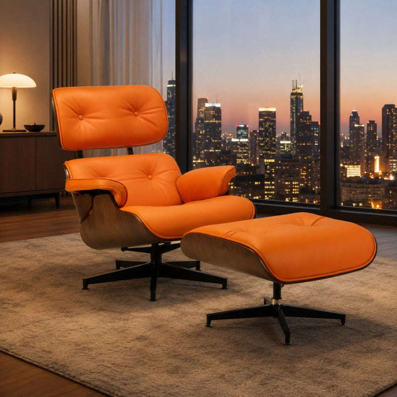 Orange Lounge Chair with Ottoman – Walnut Shell