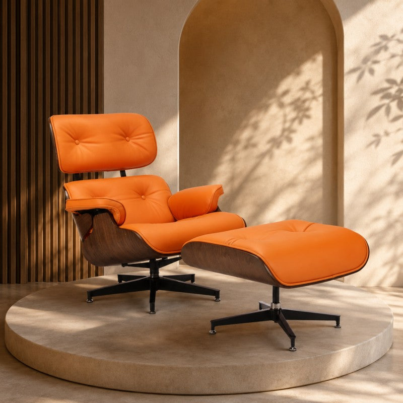 Orange Lounge Chair with Ottoman – Walnut Shell