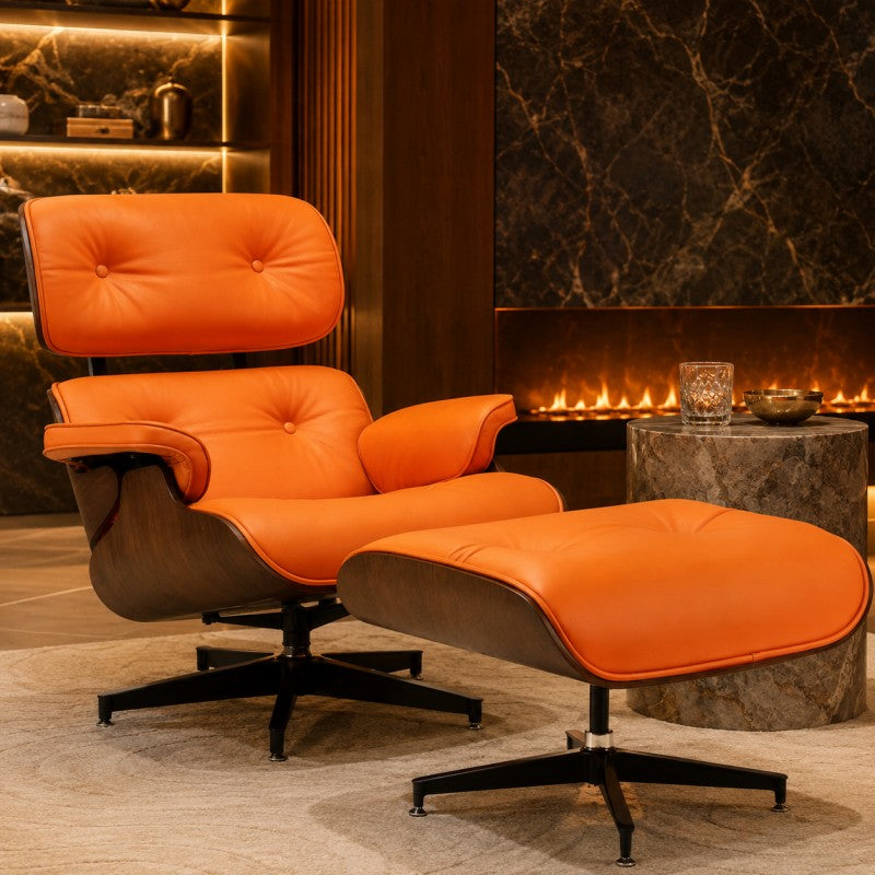 Orange Lounge Chair with Ottoman – Walnut Shell