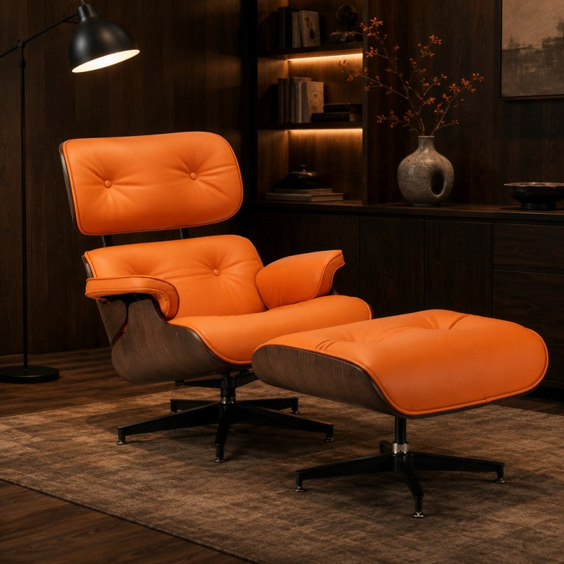Orange Lounge Chair with Ottoman – Walnut Shell