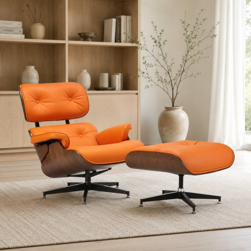 Orange Lounge Chair with Ottoman – Walnut Shell