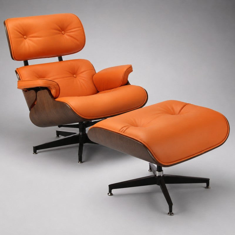 Orange Lounge Chair with Ottoman – Walnut Shell