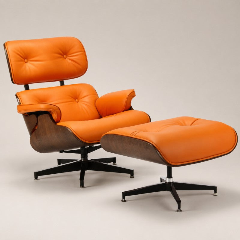 Orange Lounge Chair with Ottoman – Walnut Shell