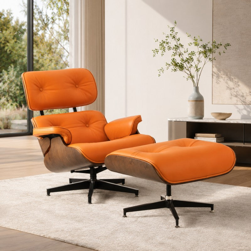 Orange Lounge Chair with Ottoman – Walnut Shell