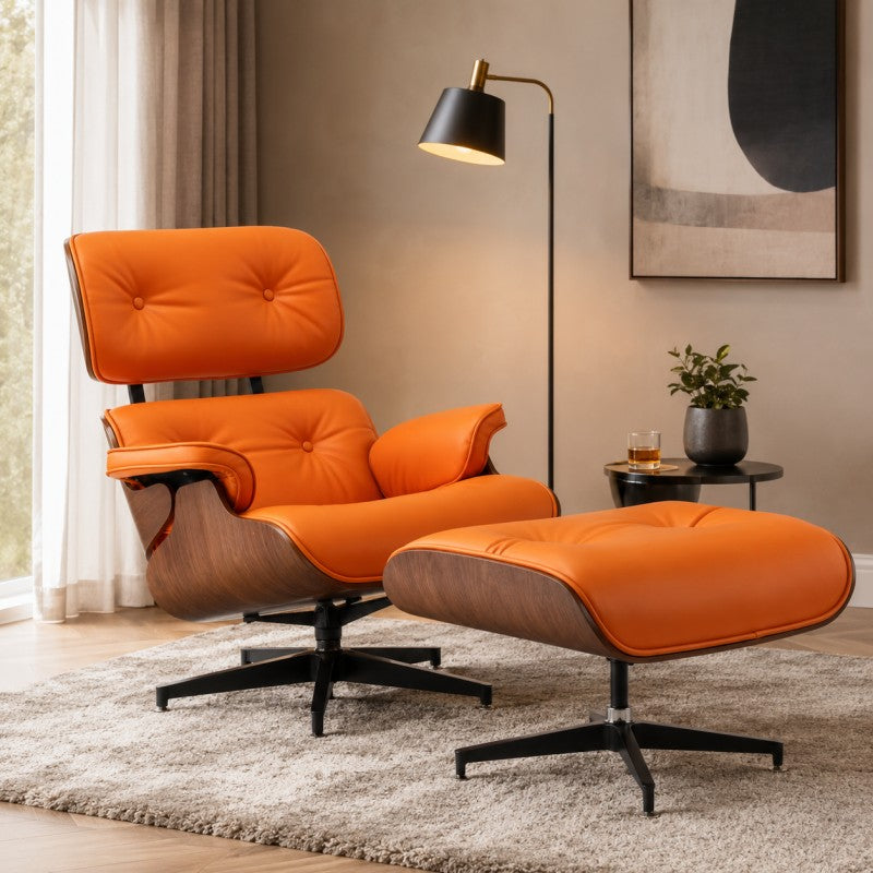 Orange Lounge Chair with Ottoman – Walnut Shell