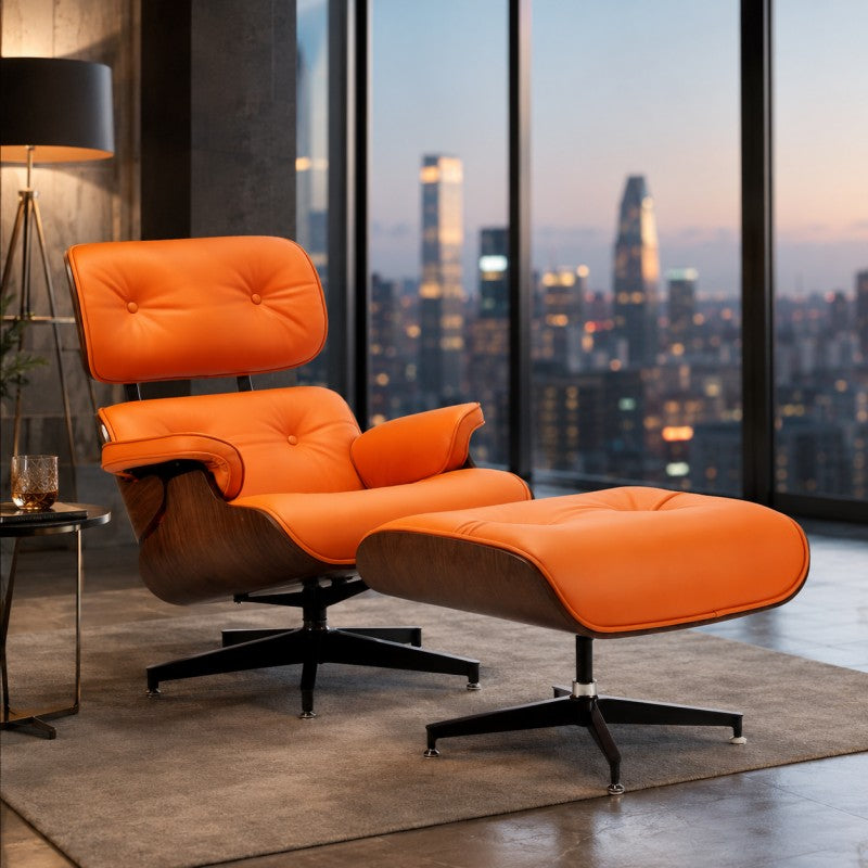Orange Lounge Chair with Ottoman – Walnut Shell
