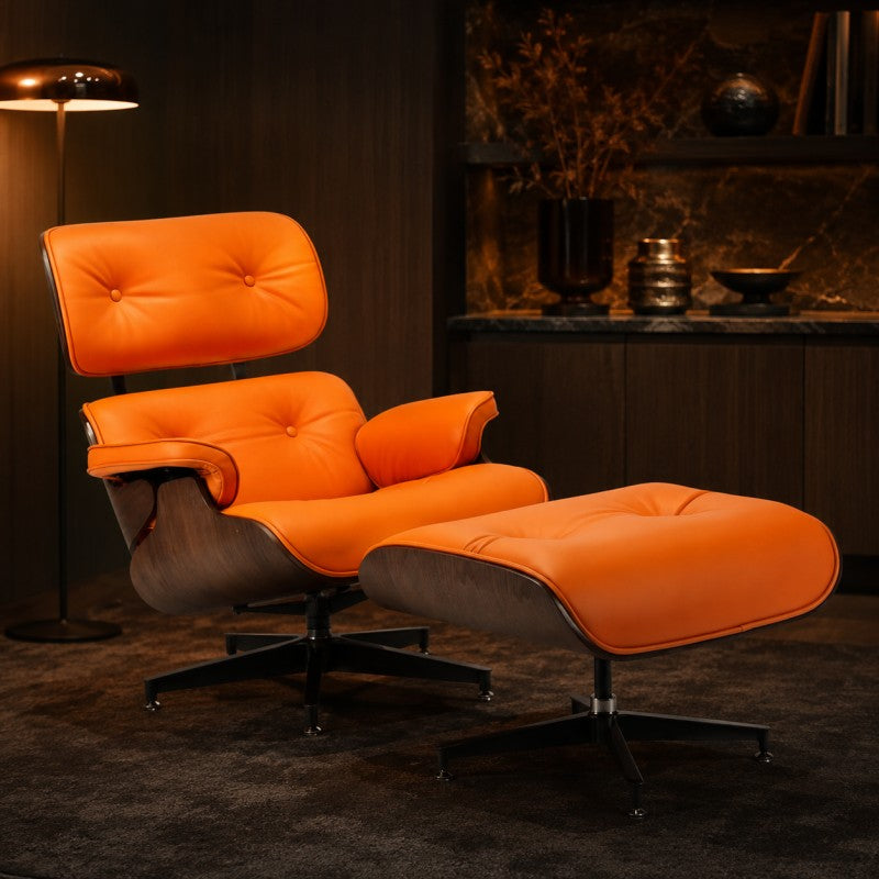 Orange Lounge Chair with Ottoman – Walnut Shell