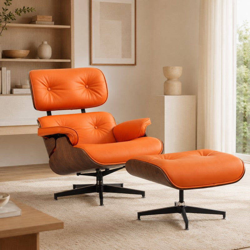 Orange Lounge Chair with Ottoman – Walnut Shell