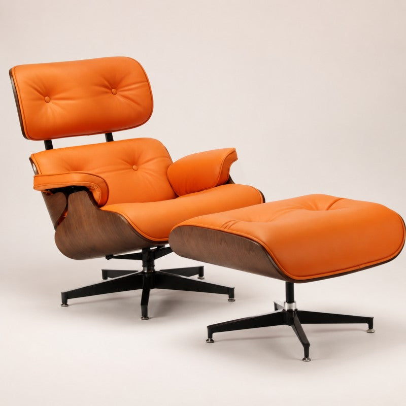Orange Lounge Chair with Ottoman – Walnut Shell