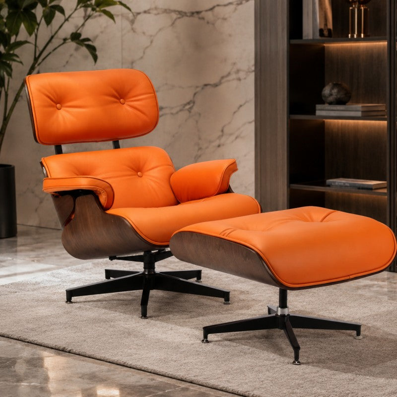 Orange Lounge Chair with Ottoman – Walnut Shell