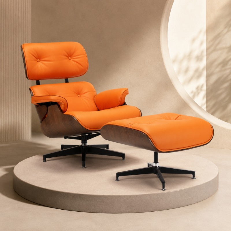 Orange Lounge Chair with Ottoman – Walnut Shell
