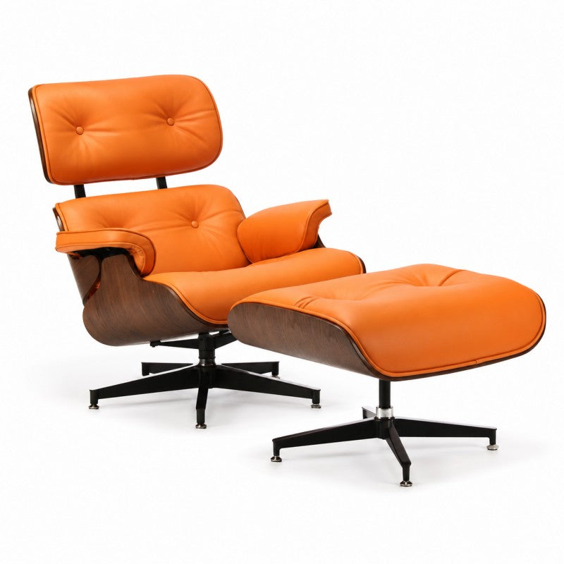 Orange Lounge Chair with Ottoman – Walnut Shell
