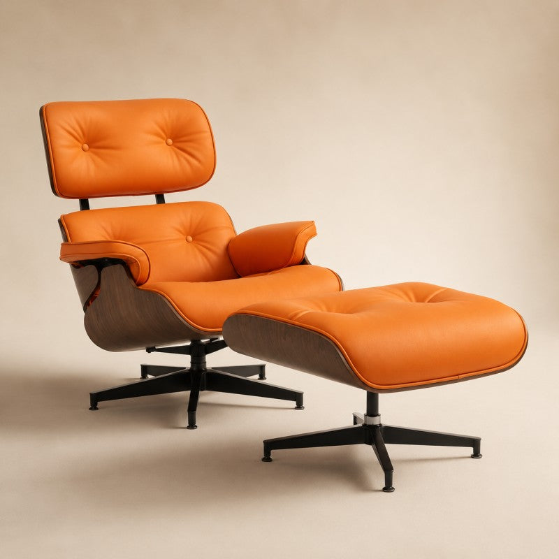 Orange Lounge Chair with Ottoman – Walnut Shell