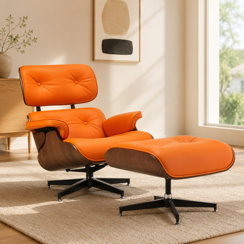 Orange Lounge Chair with Ottoman – Walnut Shell