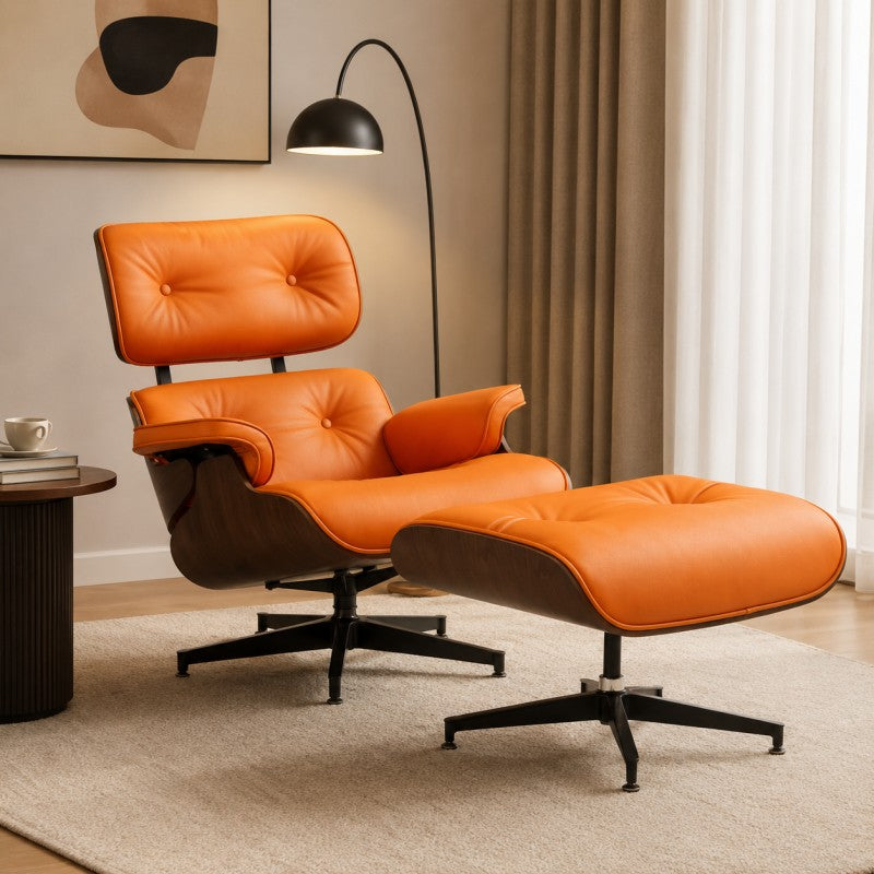 Orange Lounge Chair with Ottoman – Walnut Shell