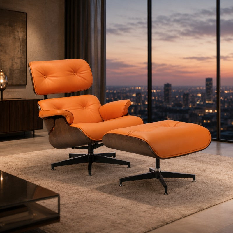 Orange Lounge Chair with Ottoman – Walnut Shell