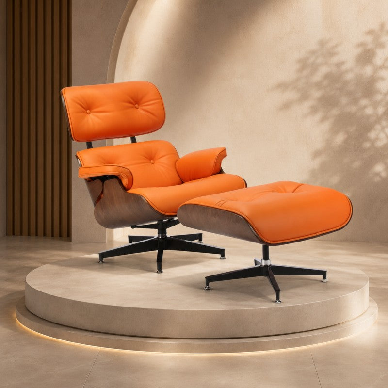 Orange Lounge Chair with Ottoman – Walnut Shell