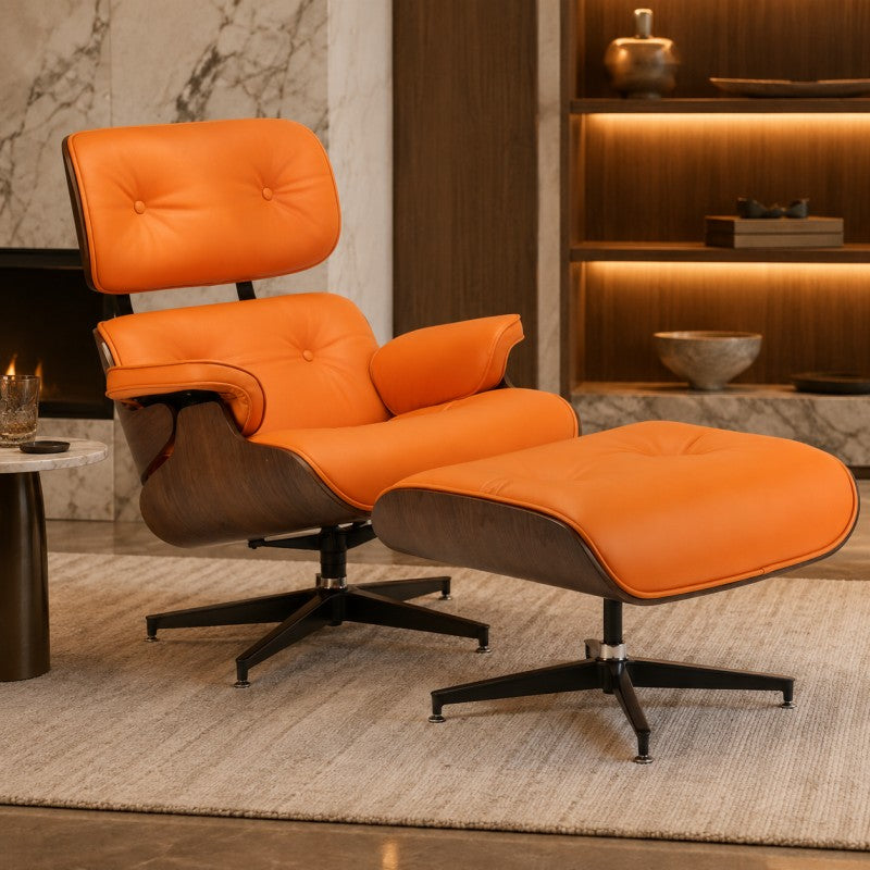 Orange Lounge Chair with Ottoman – Walnut Shell