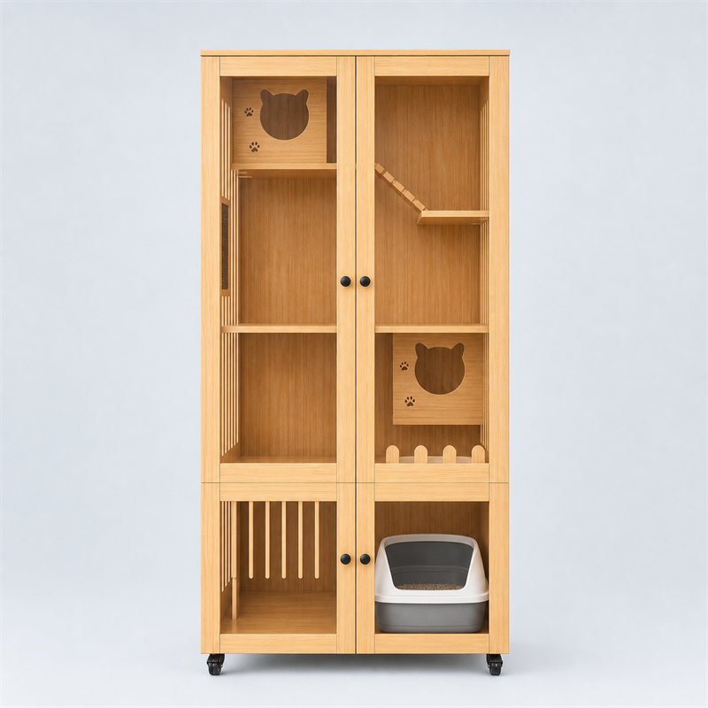 Wooden Cat Villa – 2-Door with Litter Box Area